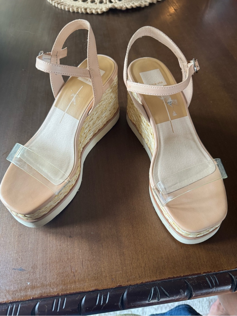 Dolce Vita Tan/Blush Pink Wedge Espadrille Sandals with Clear Toe Strap